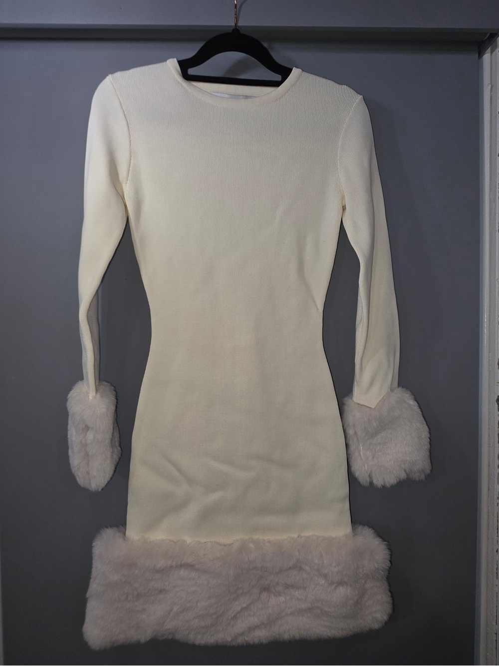 Delfi tabby dress Ivory Faux Fur Trim Long Sleeve Mini Dress